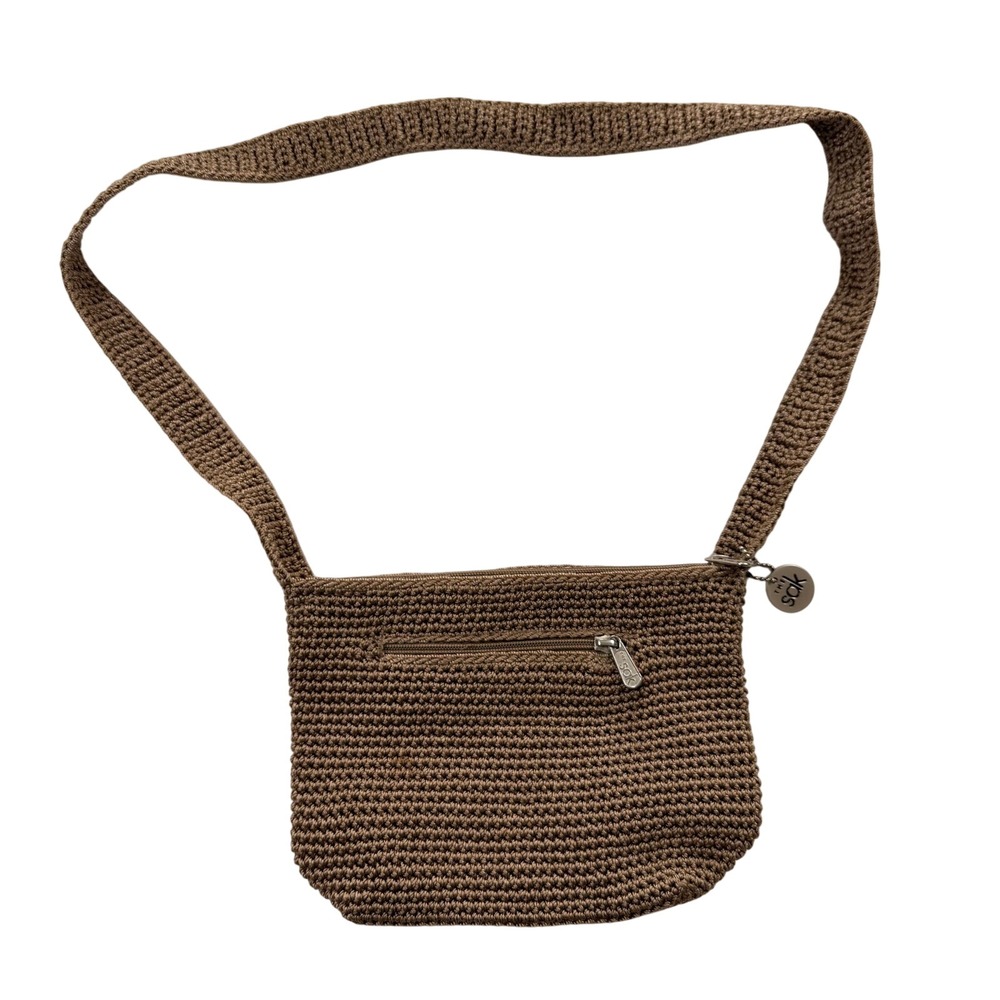 The Sak Crochet Crossbody Bag Taupe Brown Knit Zip Small Purse Messenger